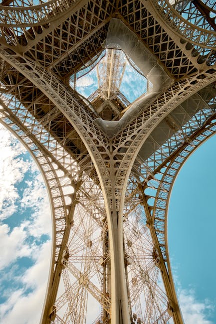 A captivating upward view of the Eiffel Tower showcasing the intricate ironwork against a clear sky.